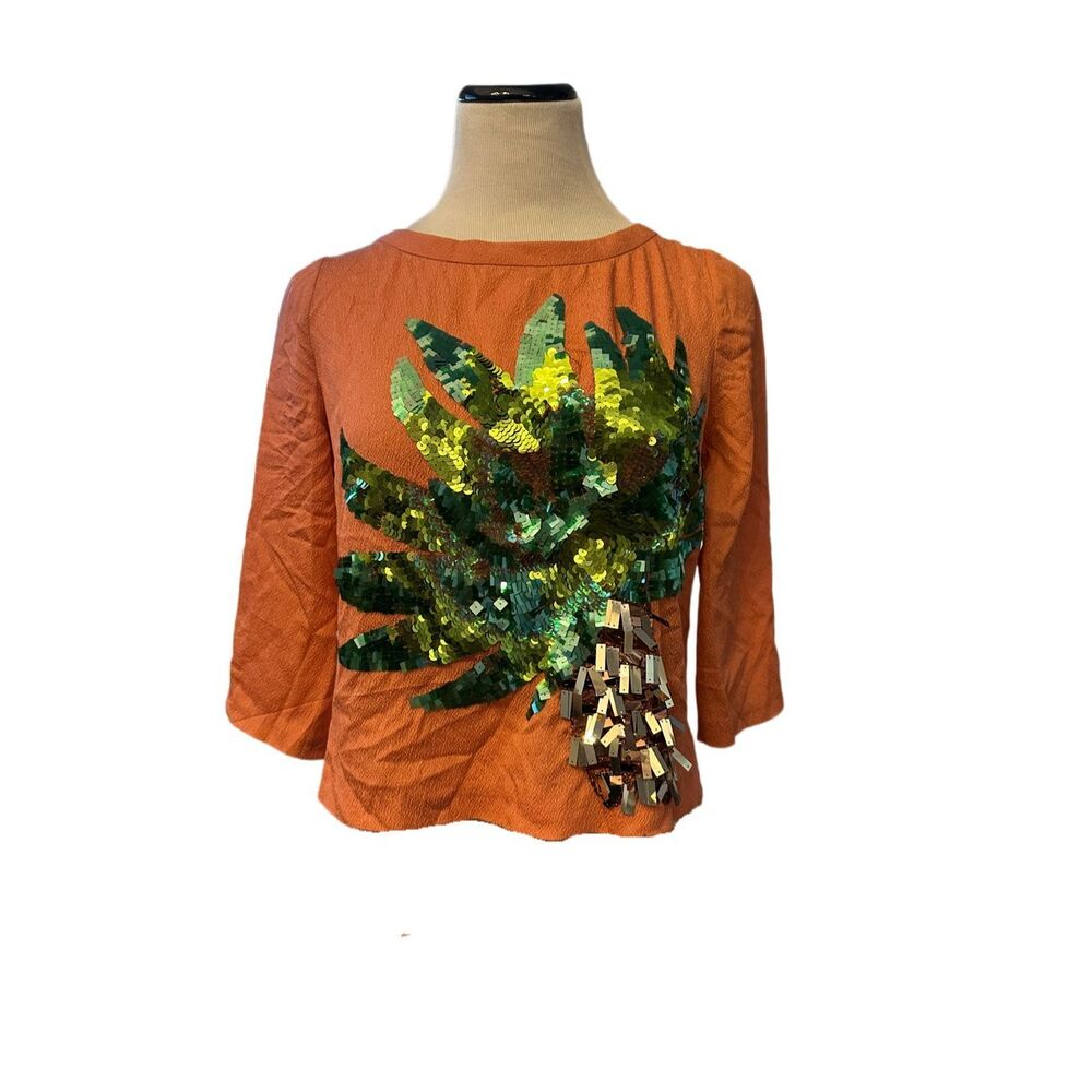 Tracy Reese Coral Top With Sequin Palm Tree Sz M